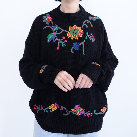 Vintage St Michael Black w Embroidered Floral Knit Mockneck Sweater L - Picture 2 of 12